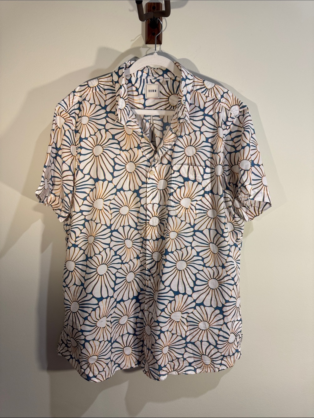 ROWM Short Sleeve Floral Button-Down Shirt in Blue & White